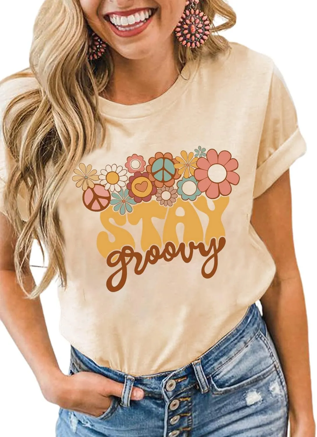 Retro Stay Groovy Shirt for Women Hippie 70s T-Shirt Cute Floral Graphic Tees Casual Summer Short Sleeve Tops