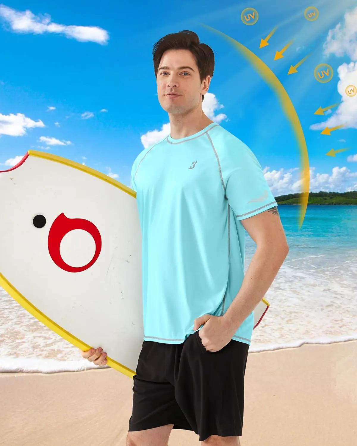 Roadbox Men's UPF 50  Swim Shirts, Short Sleeve UV Sun Protection Rash Guard T-Shirt, Quick Dry Water Surfing Beach Tees