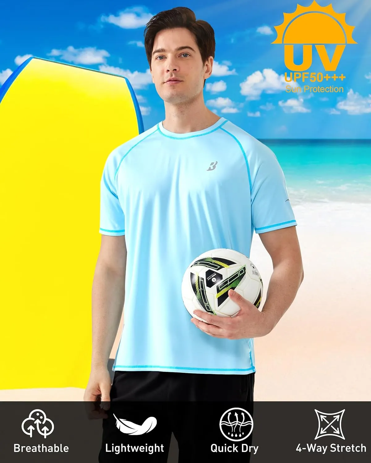 Roadbox Men's UPF 50  Swim Shirts, Short Sleeve UV Sun Protection Rash Guard T-Shirt, Quick Dry Water Surfing Beach Tees