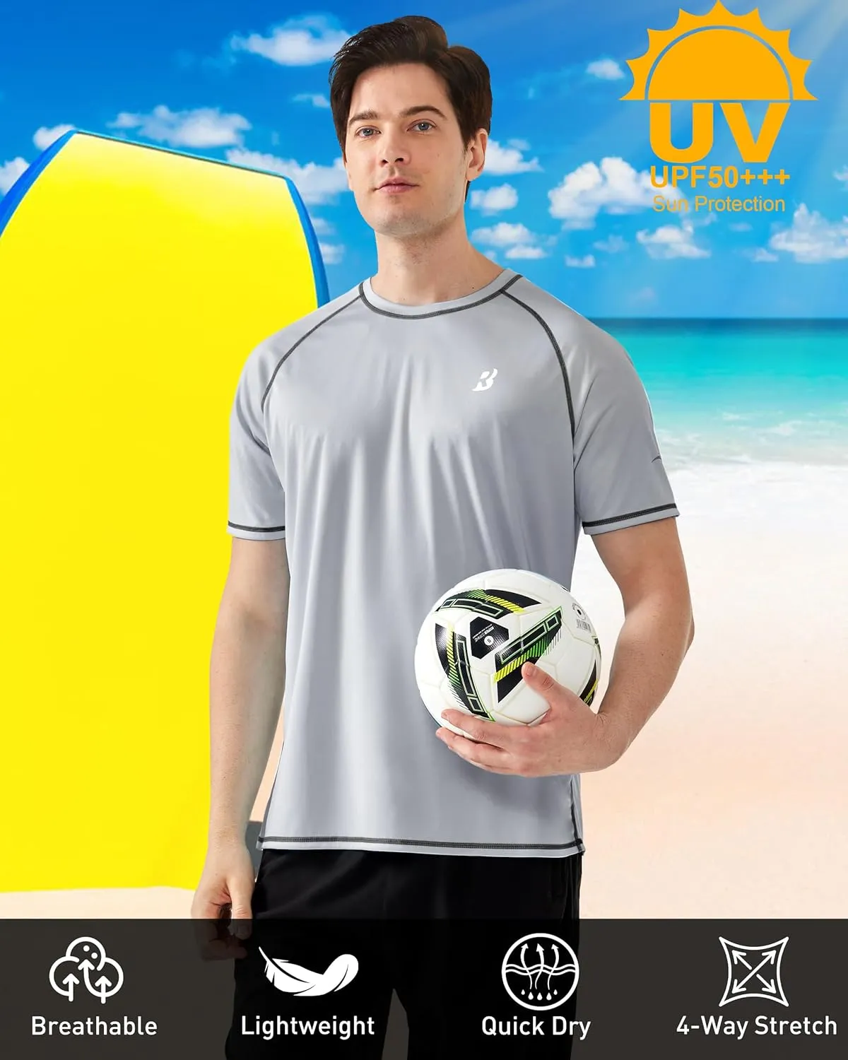 Roadbox Men's UPF 50  Swim Shirts, Short Sleeve UV Sun Protection Rash Guard T-Shirt, Quick Dry Water Surfing Beach Tees
