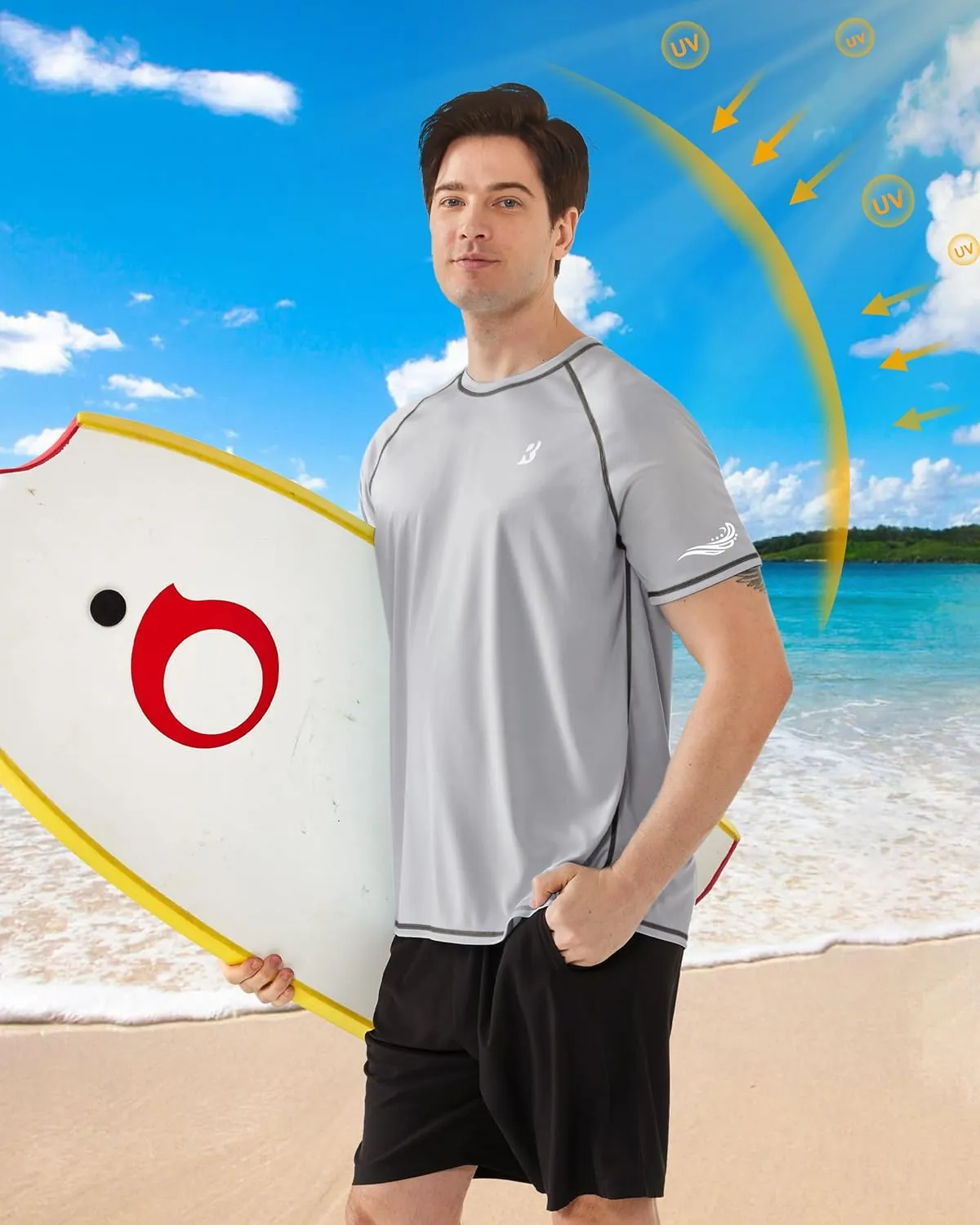 Roadbox Men's UPF 50  Swim Shirts, Short Sleeve UV Sun Protection Rash Guard T-Shirt, Quick Dry Water Surfing Beach Tees
