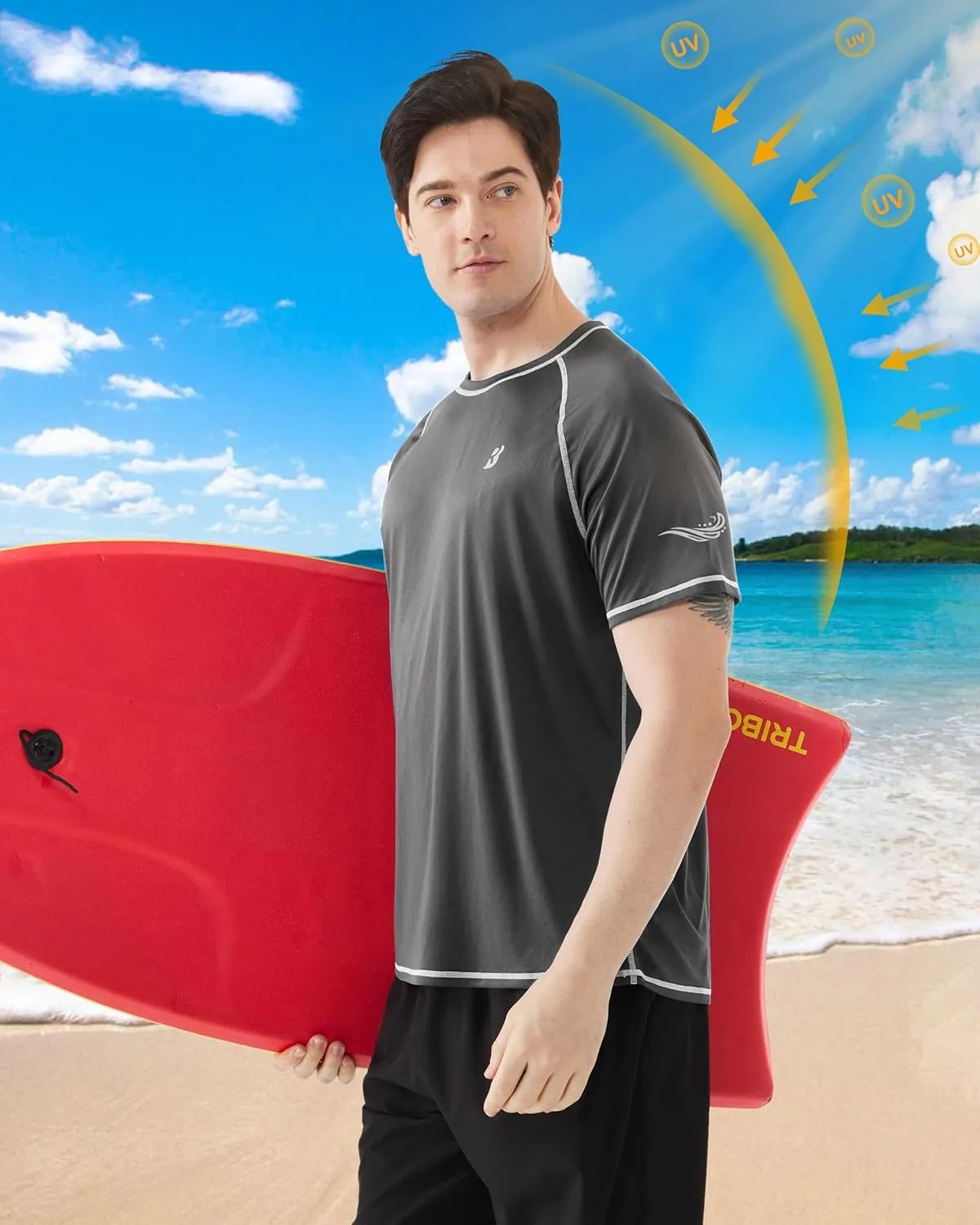 Roadbox Men's UPF 50  Swim Shirts, Short Sleeve UV Sun Protection Rash Guard T-Shirt, Quick Dry Water Surfing Beach Tees