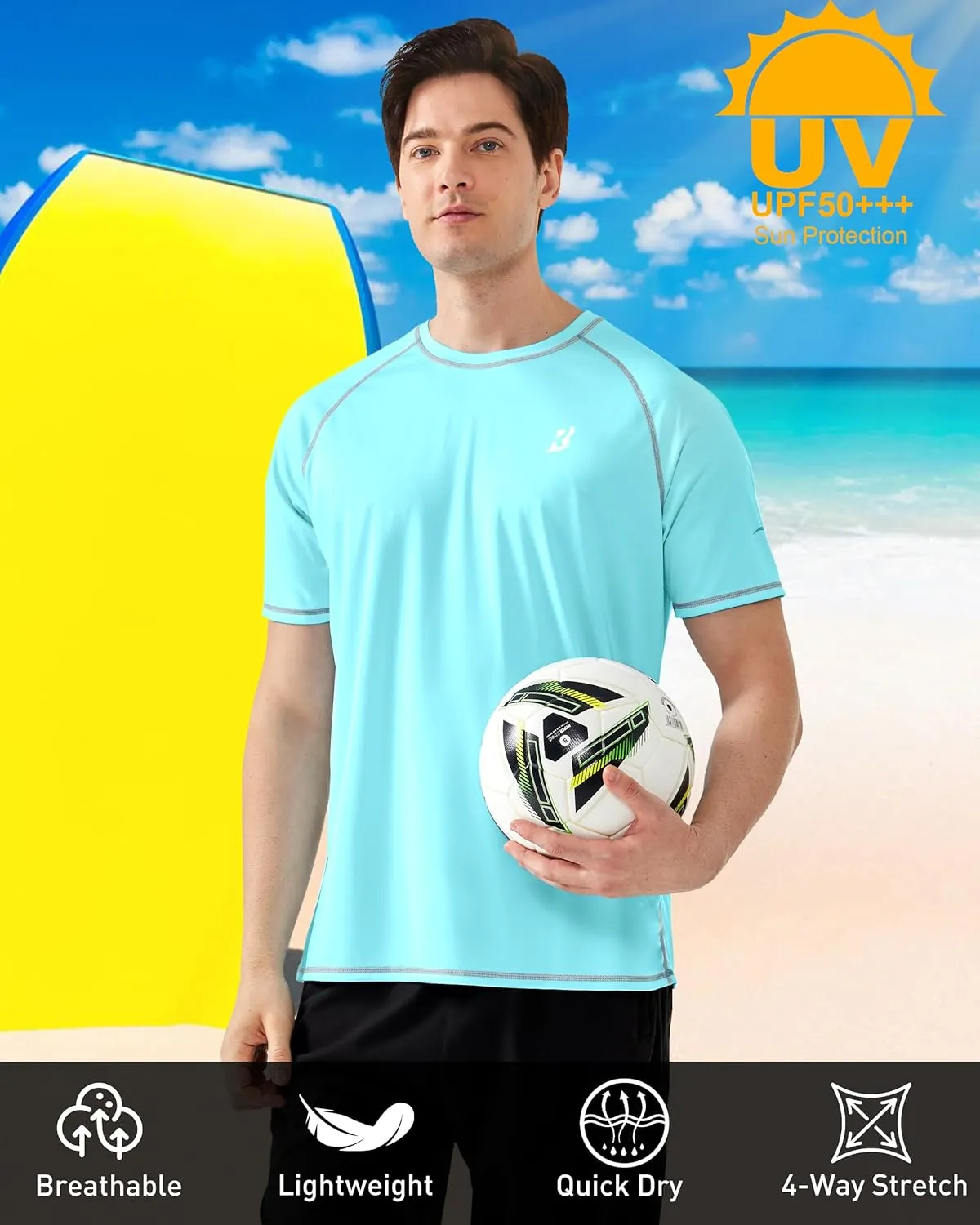 Roadbox Men's UPF 50  Swim Shirts, Short Sleeve UV Sun Protection Rash Guard T-Shirt, Quick Dry Water Surfing Beach Tees