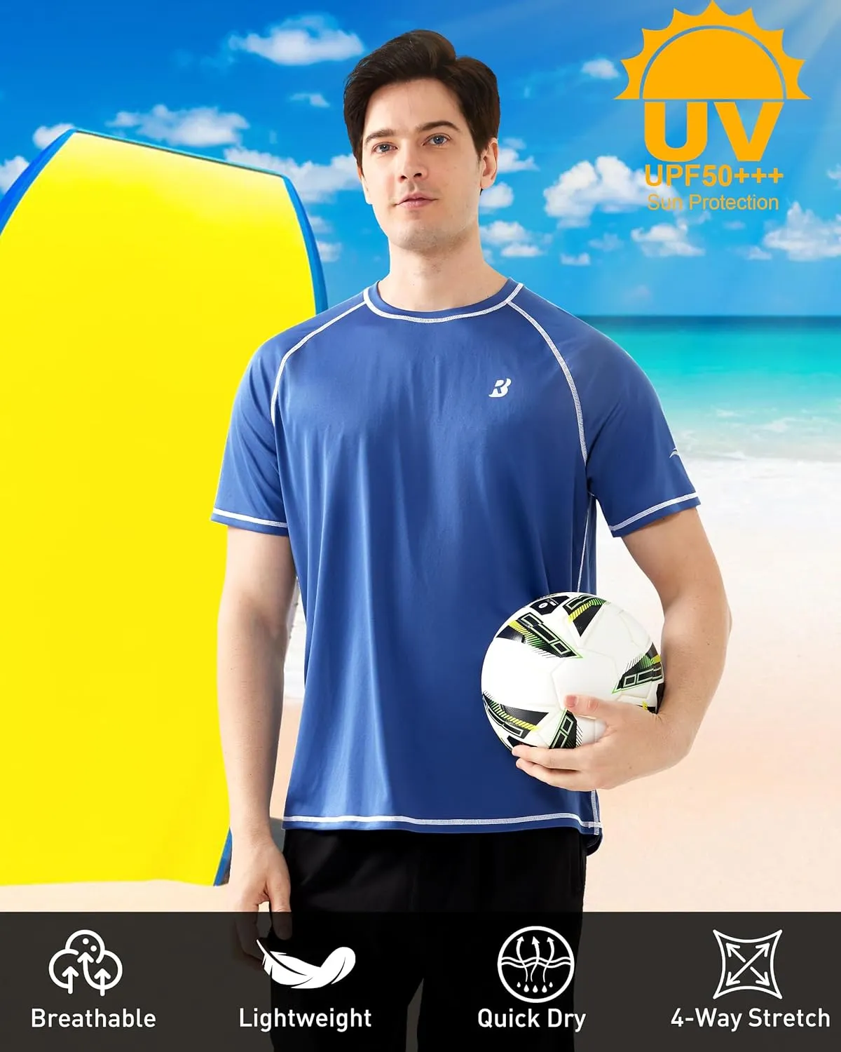 Roadbox Men's UPF 50  Swim Shirts, Short Sleeve UV Sun Protection Rash Guard T-Shirt, Quick Dry Water Surfing Beach Tees