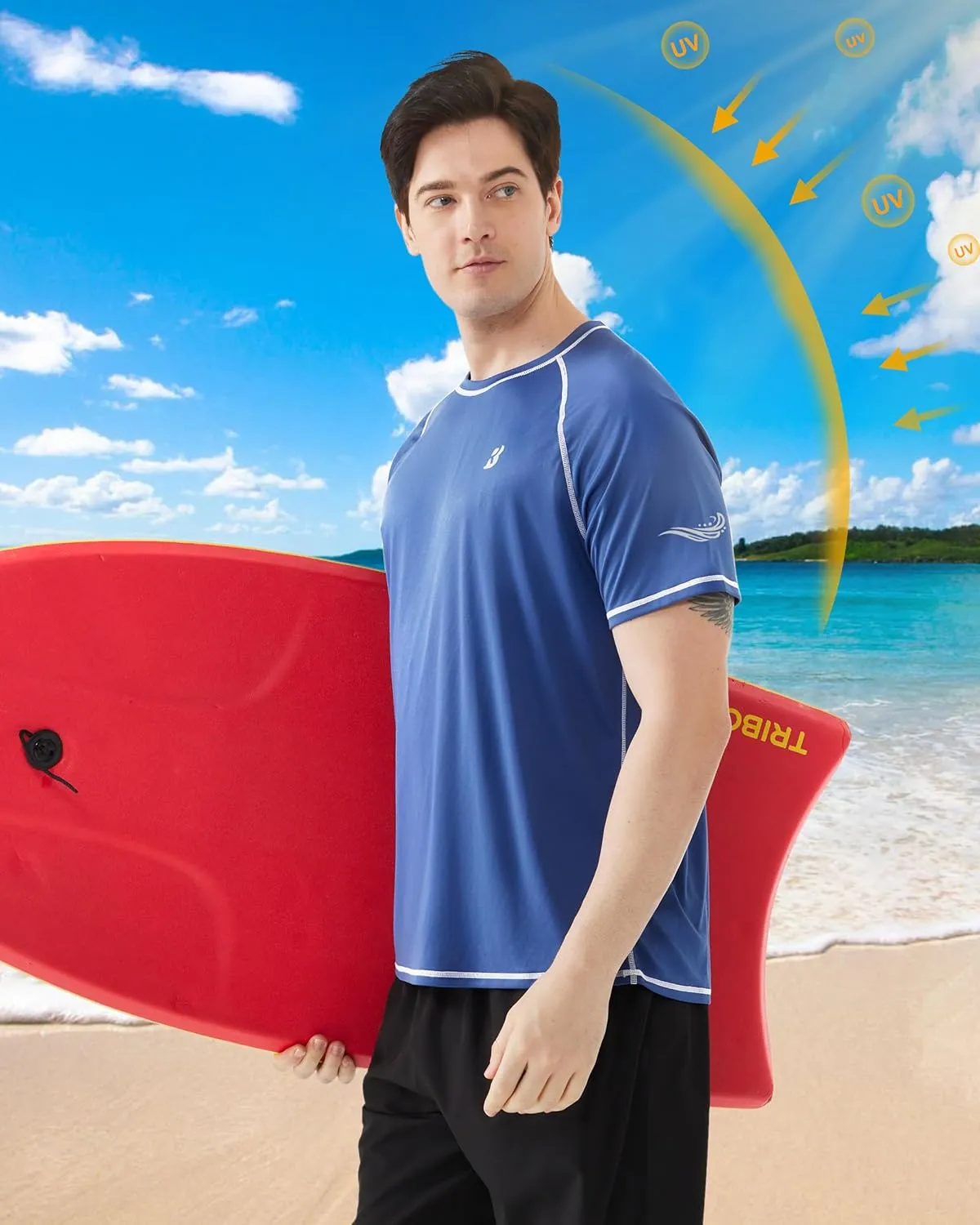 Roadbox Men's UPF 50  Swim Shirts, Short Sleeve UV Sun Protection Rash Guard T-Shirt, Quick Dry Water Surfing Beach Tees