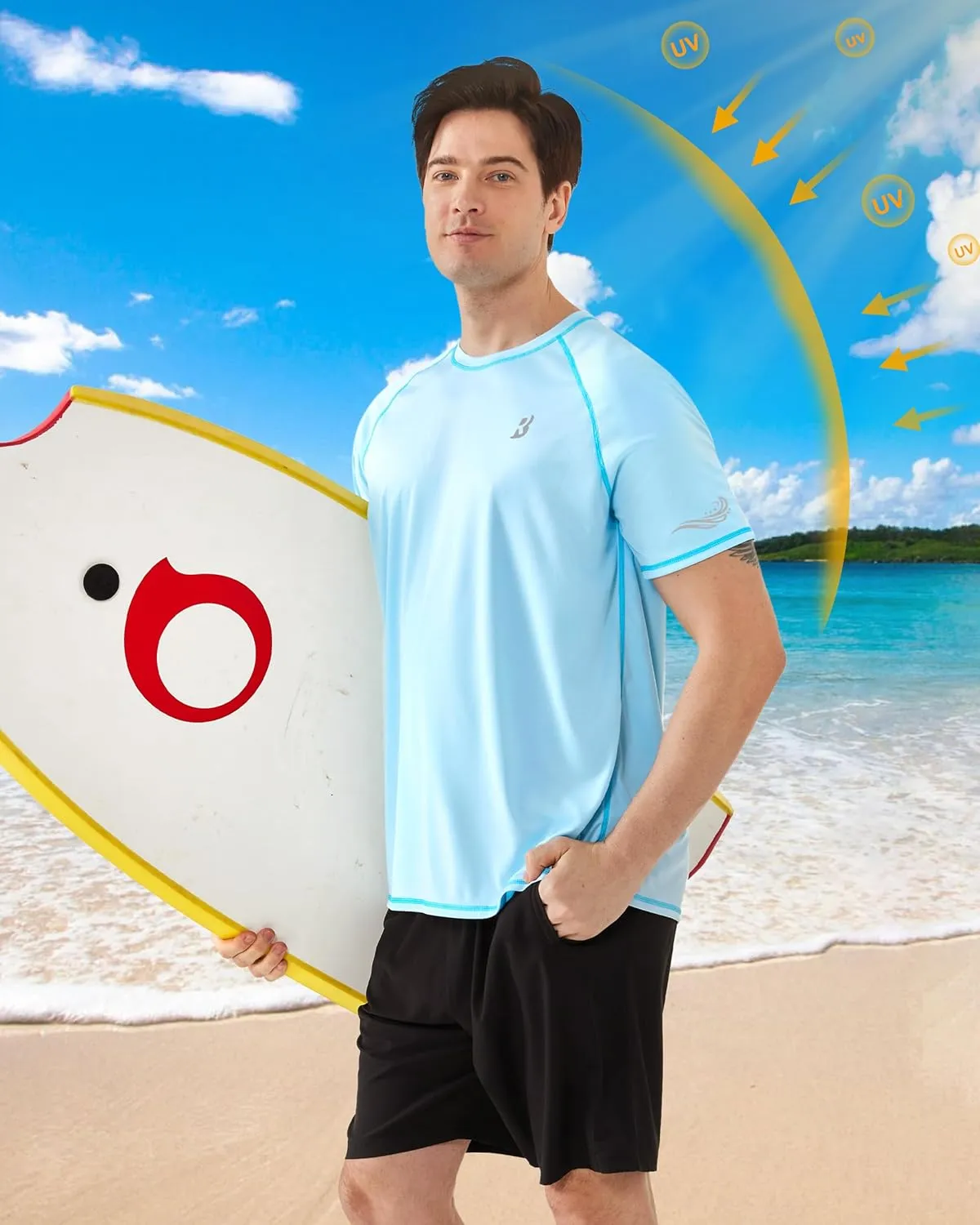 Roadbox Men's UPF 50  Swim Shirts, Short Sleeve UV Sun Protection Rash Guard T-Shirt, Quick Dry Water Surfing Beach Tees