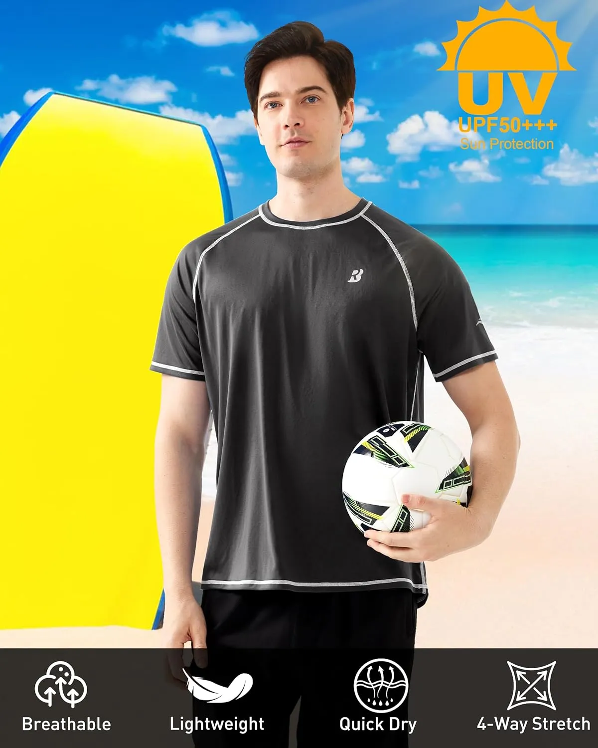 Roadbox Men's UPF 50  Swim Shirts, Short Sleeve UV Sun Protection Rash Guard T-Shirt, Quick Dry Water Surfing Beach Tees