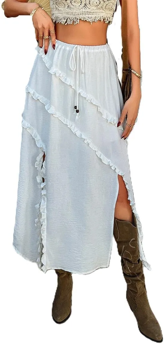 Ruffle Trim Maxi Skirt for Women High Waist Asymmetrical Slit Long Skirts Summer Vintage Pleated Skirt