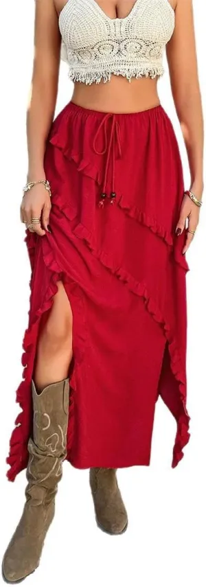 Ruffle Trim Maxi Skirt for Women High Waist Asymmetrical Slit Long Skirts Summer Vintage Pleated Skirt