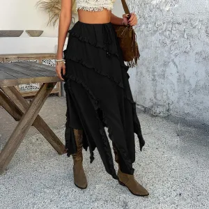 Ruffle Trim Maxi Skirt for Women High Waist Asymmetrical Slit Long Skirts Summer Vintage Pleated Skirt