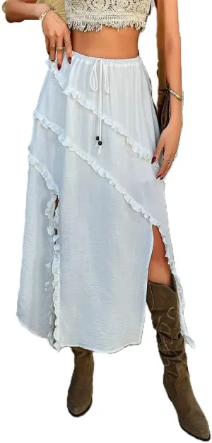 Ruffle Trim Maxi Skirt for Women High Waist Asymmetrical Slit Long Skirts Summer Vintage Pleated Skirt