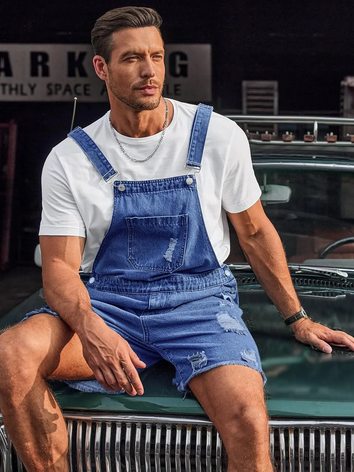 Runcati Mens Denim Shorts Bib Overall Loose Fit Ripped Jeans Adjustable Straps Summer Workwear Jumpsuit