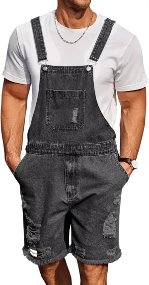 Runcati Mens Denim Shorts Bib Overall Loose Fit Ripped Jeans Adjustable Straps Summer Workwear Jumpsuit