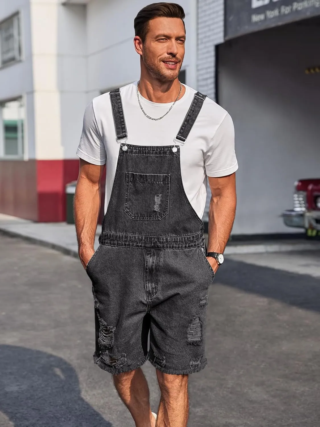 Runcati Mens Denim Shorts Bib Overall Loose Fit Ripped Jeans Adjustable Straps Summer Workwear Jumpsuit