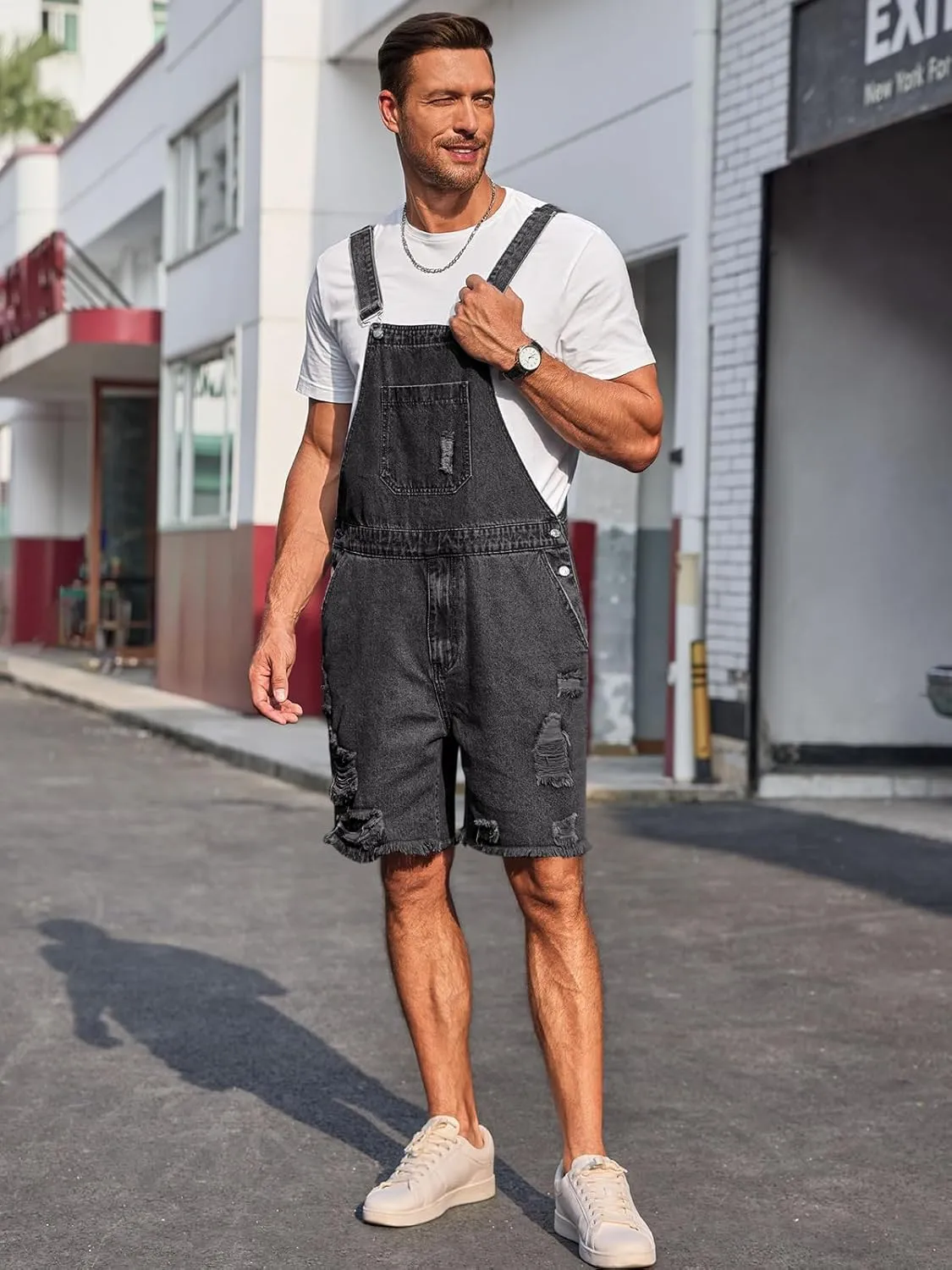 Runcati Mens Denim Shorts Bib Overall Loose Fit Ripped Jeans Adjustable Straps Summer Workwear Jumpsuit