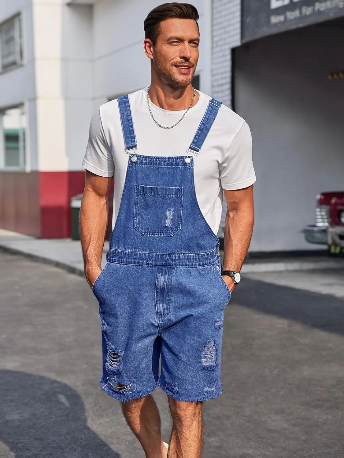 Runcati Mens Denim Shorts Bib Overall Loose Fit Ripped Jeans Adjustable Straps Summer Workwear Jumpsuit