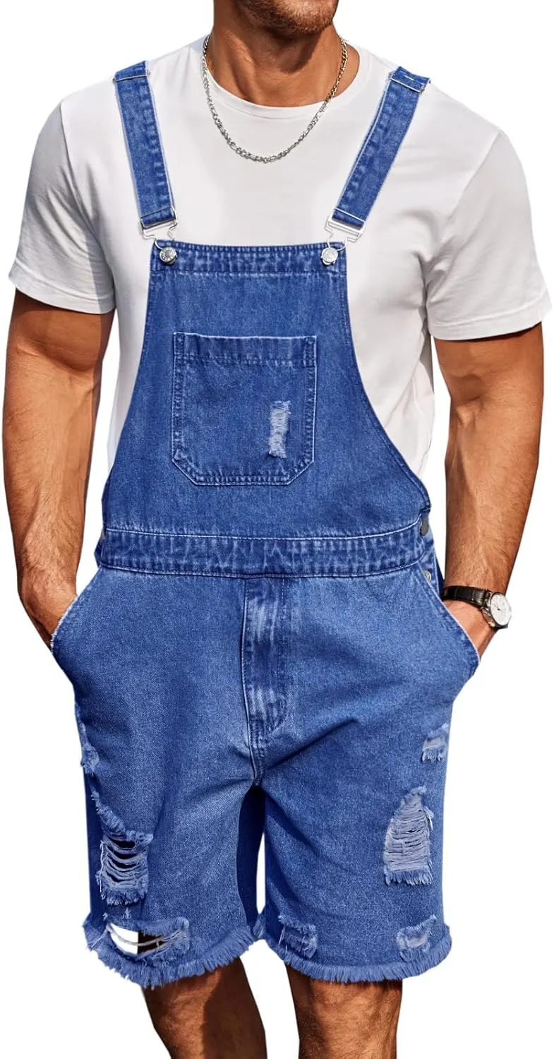 Runcati Mens Denim Shorts Bib Overall Loose Fit Ripped Jeans Adjustable Straps Summer Workwear Jumpsuit