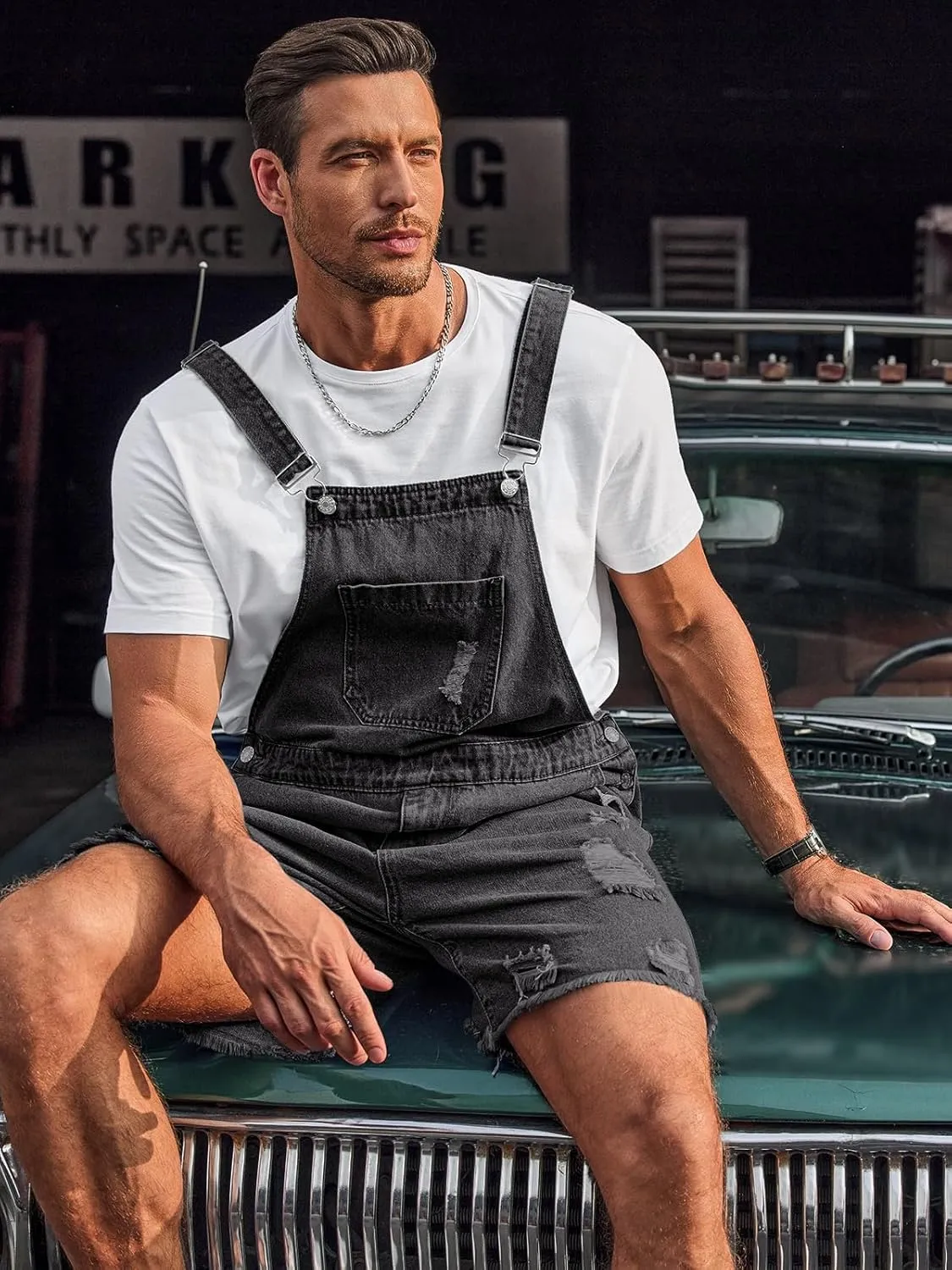 Runcati Mens Denim Shorts Bib Overall Loose Fit Ripped Jeans Adjustable Straps Summer Workwear Jumpsuit
