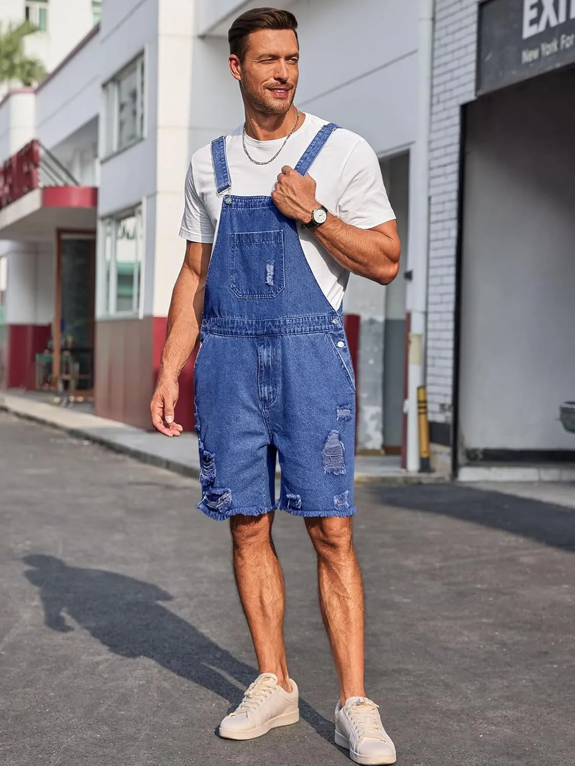 Runcati Mens Denim Shorts Bib Overall Loose Fit Ripped Jeans Adjustable Straps Summer Workwear Jumpsuit