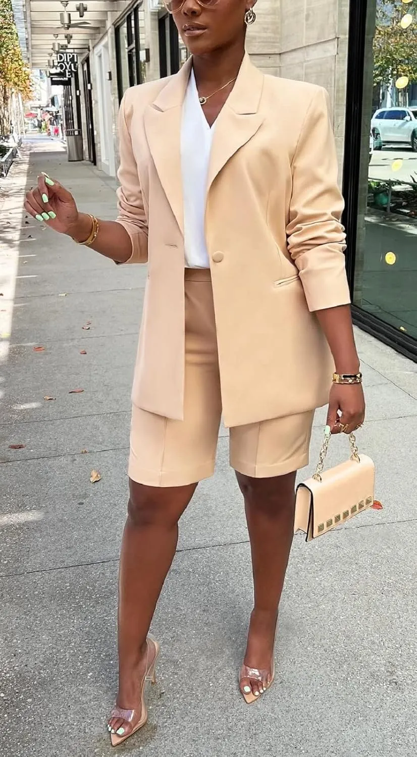 SHINFY Women's Blazer Sets 2 Piece Outfits Lapels Jacket High Waisted Shorts Work Business Suits