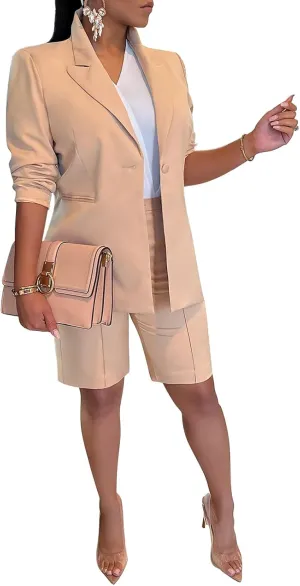 SHINFY Women's Blazer Sets 2 Piece Outfits Lapels Jacket High Waisted Shorts Work Business Suits