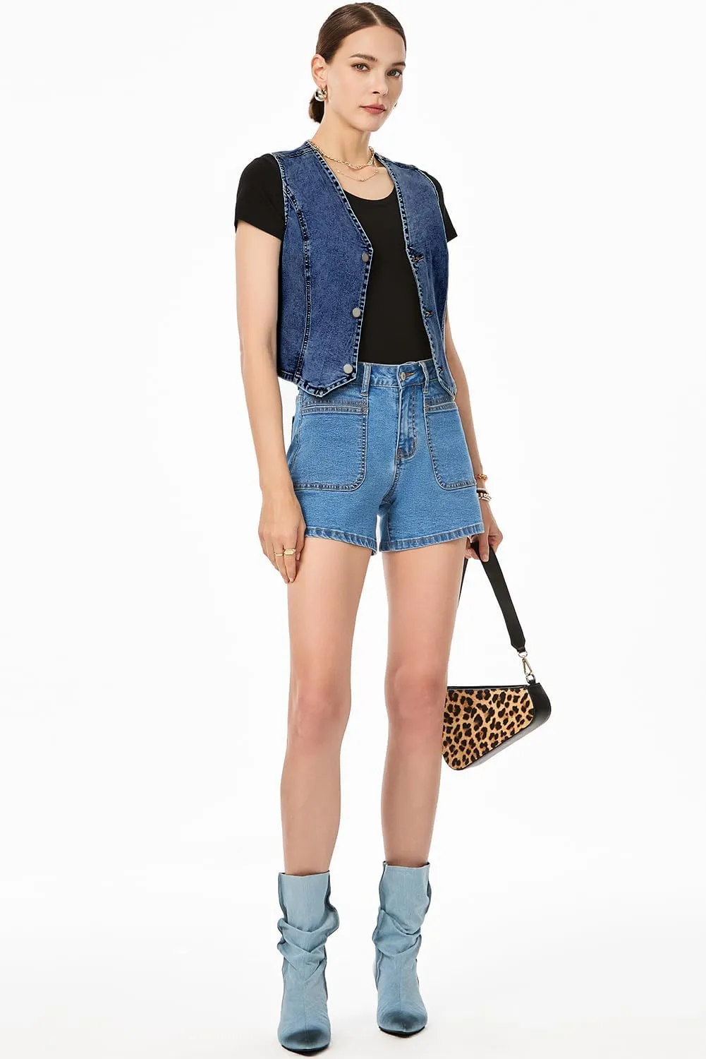 Sidefeel Women's Denim Vest Sleeveless V Neck Zimbaplatinum Jean Vest Top Button Down Crop Waistcoat Vest Summer Outfit