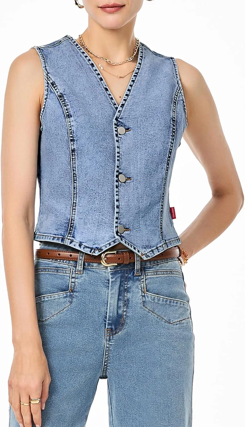 Sidefeel Women's Denim Vest Sleeveless V Neck Zimbaplatinum Jean Vest Top Button Down Crop Waistcoat Vest Summer Outfit