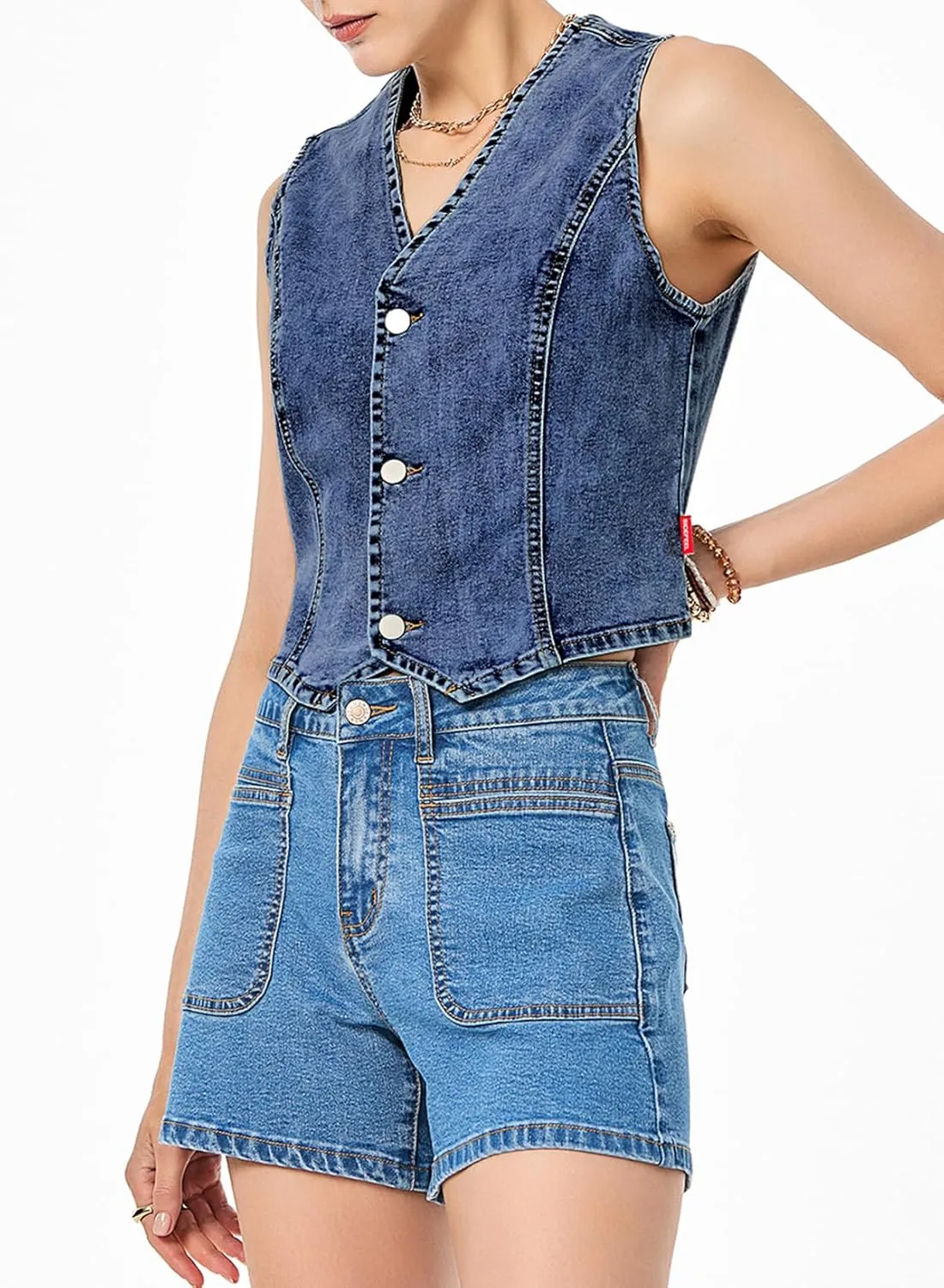 Sidefeel Women's Denim Vest Sleeveless V Neck Zimbaplatinum Jean Vest Top Button Down Crop Waistcoat Vest Summer Outfit