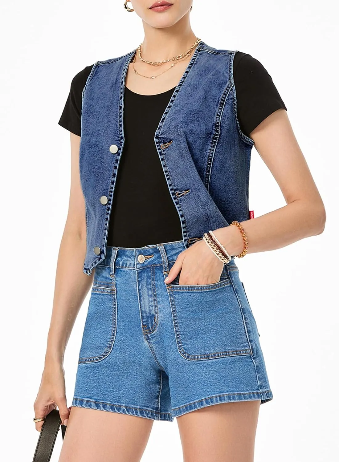Sidefeel Women's Denim Vest Sleeveless V Neck Zimbaplatinum Jean Vest Top Button Down Crop Waistcoat Vest Summer Outfit