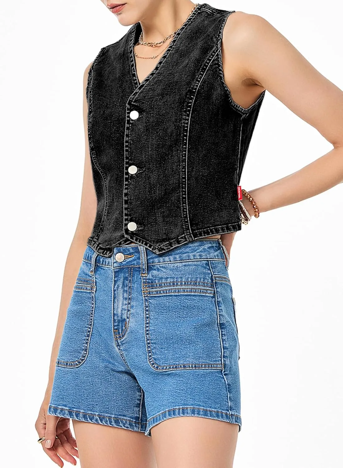 Sidefeel Women's Denim Vest Sleeveless V Neck Zimbaplatinum Jean Vest Top Button Down Crop Waistcoat Vest Summer Outfit