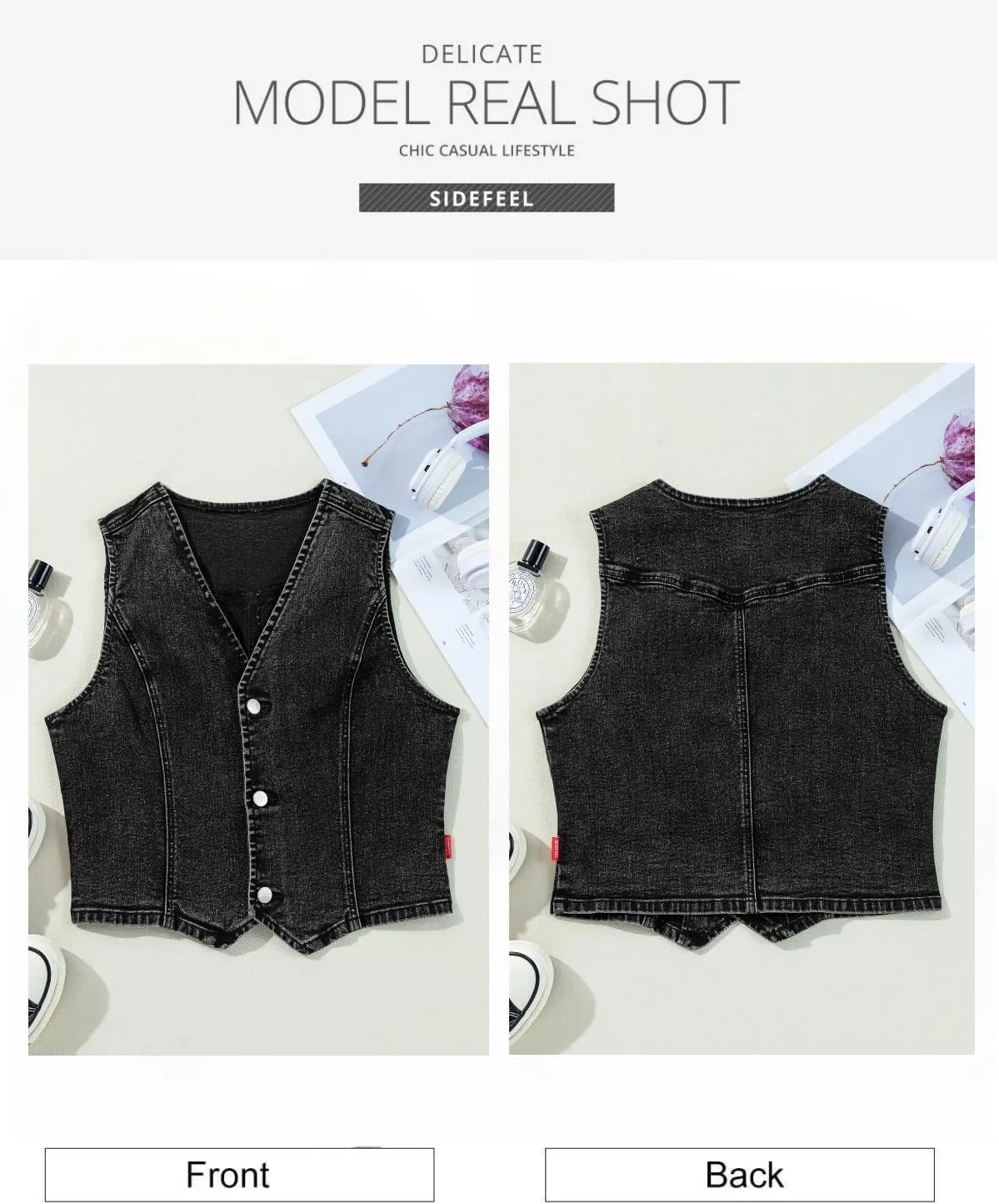 Sidefeel Women's Denim Vest Sleeveless V Neck Zimbaplatinum Jean Vest Top Button Down Crop Waistcoat Vest Summer Outfit