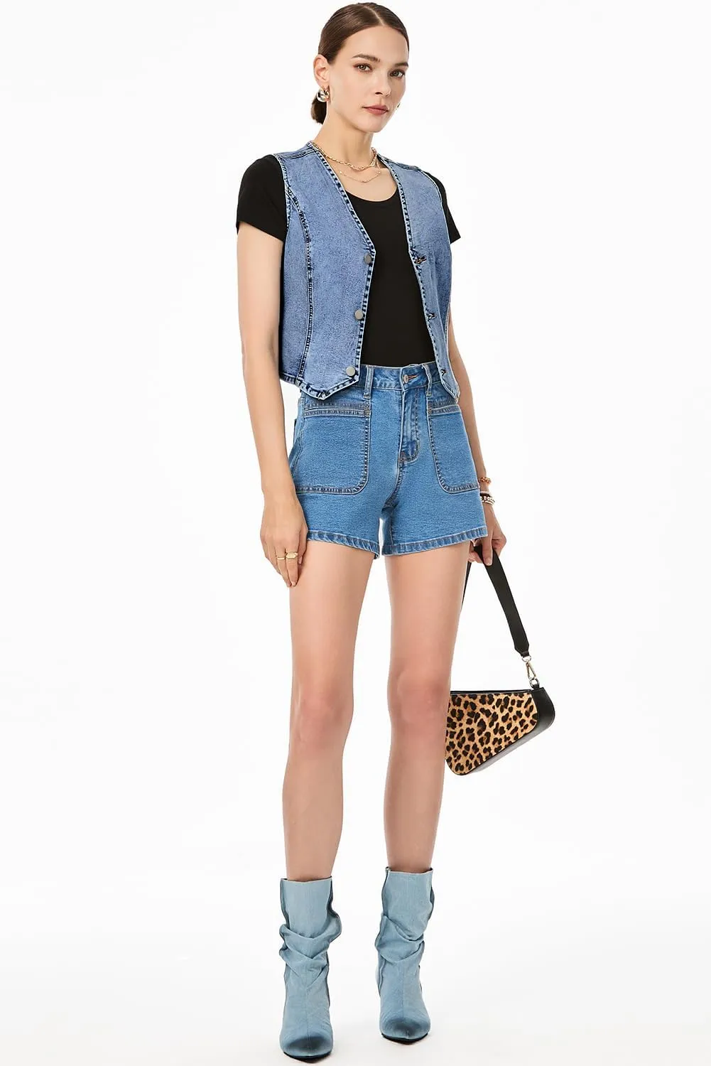 Sidefeel Women's Denim Vest Sleeveless V Neck Zimbaplatinum Jean Vest Top Button Down Crop Waistcoat Vest Summer Outfit
