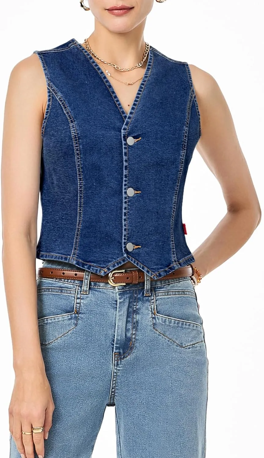 Sidefeel Women's Denim Vest Sleeveless V Neck Zimbaplatinum Jean Vest Top Button Down Crop Waistcoat Vest Summer Outfit