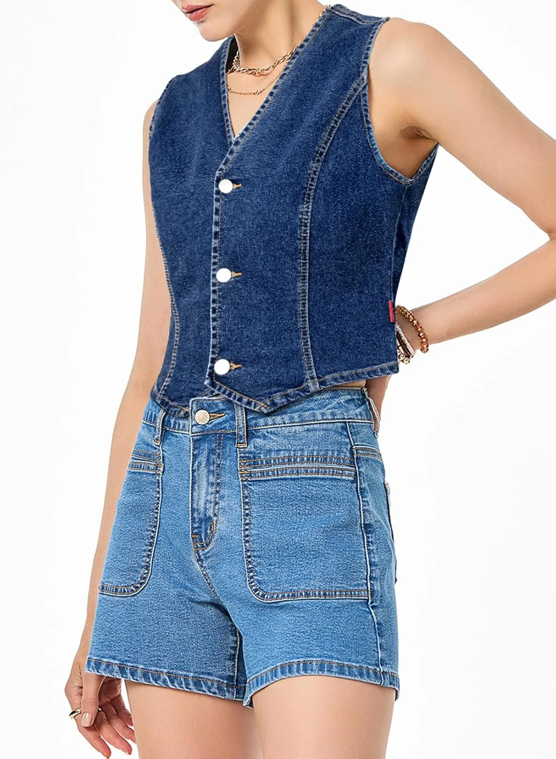 Sidefeel Women's Denim Vest Sleeveless V Neck Zimbaplatinum Jean Vest Top Button Down Crop Waistcoat Vest Summer Outfit
