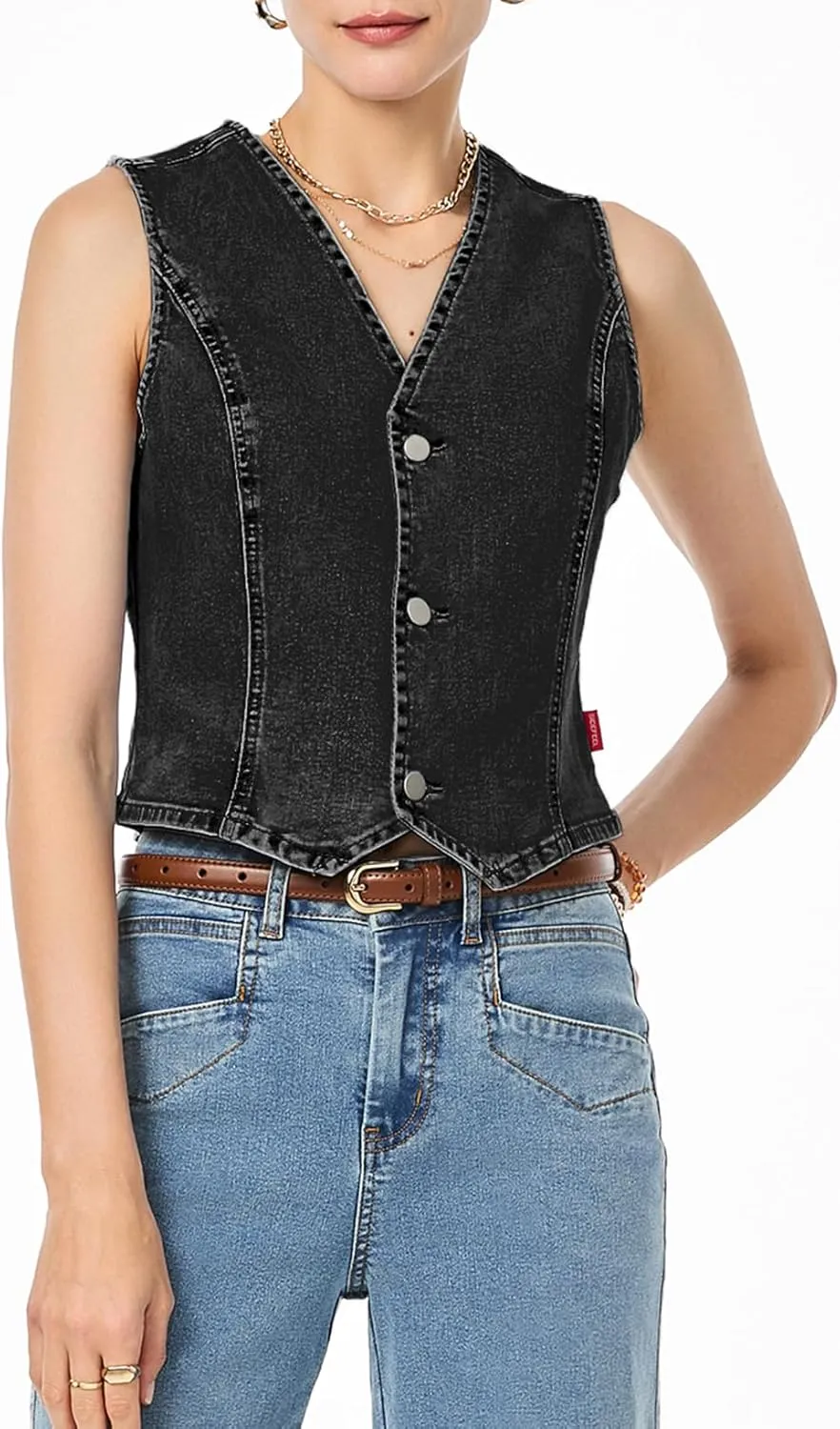 Sidefeel Women's Denim Vest Sleeveless V Neck Zimbaplatinum Jean Vest Top Button Down Crop Waistcoat Vest Summer Outfit