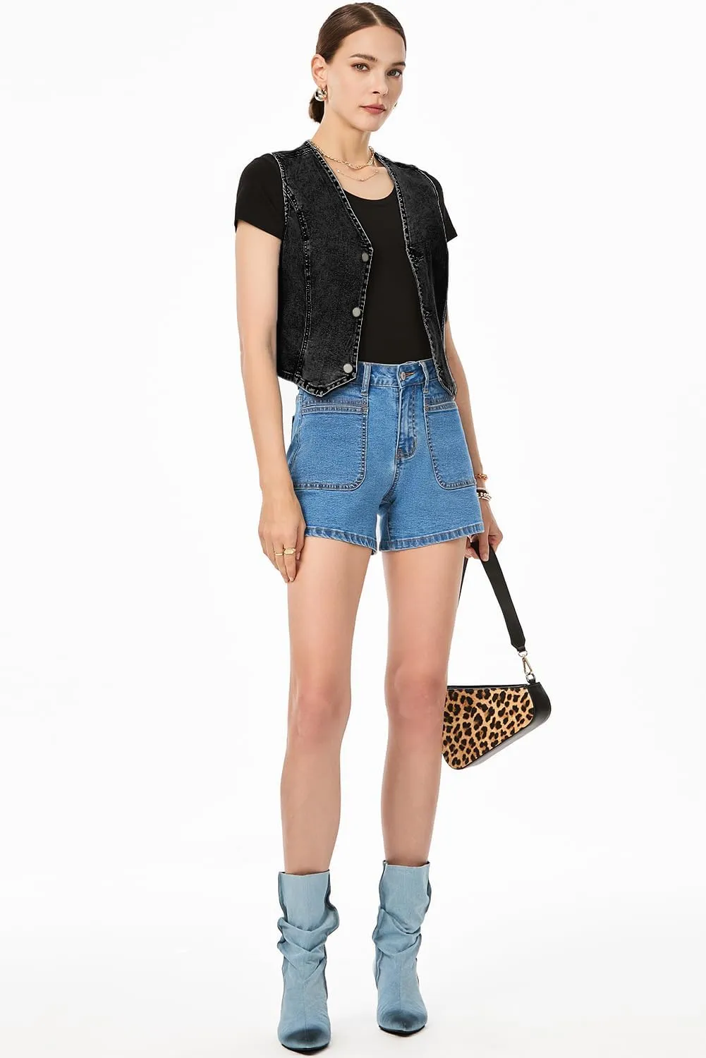 Sidefeel Women's Denim Vest Sleeveless V Neck Zimbaplatinum Jean Vest Top Button Down Crop Waistcoat Vest Summer Outfit