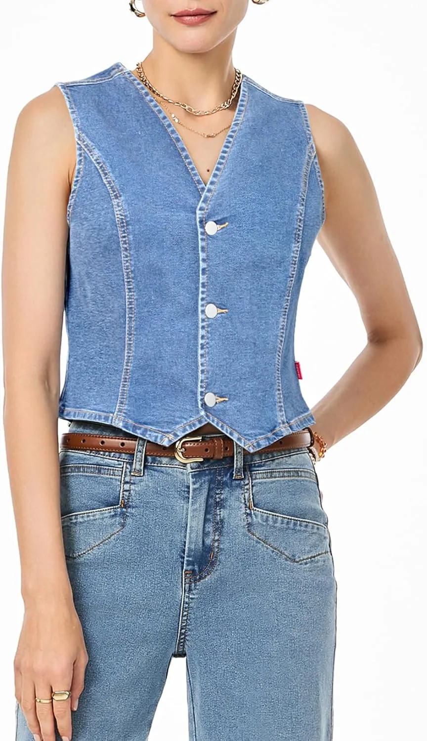 Sidefeel Women's Denim Vest Sleeveless V Neck Zimbaplatinum Jean Vest Top Button Down Crop Waistcoat Vest Summer Outfit