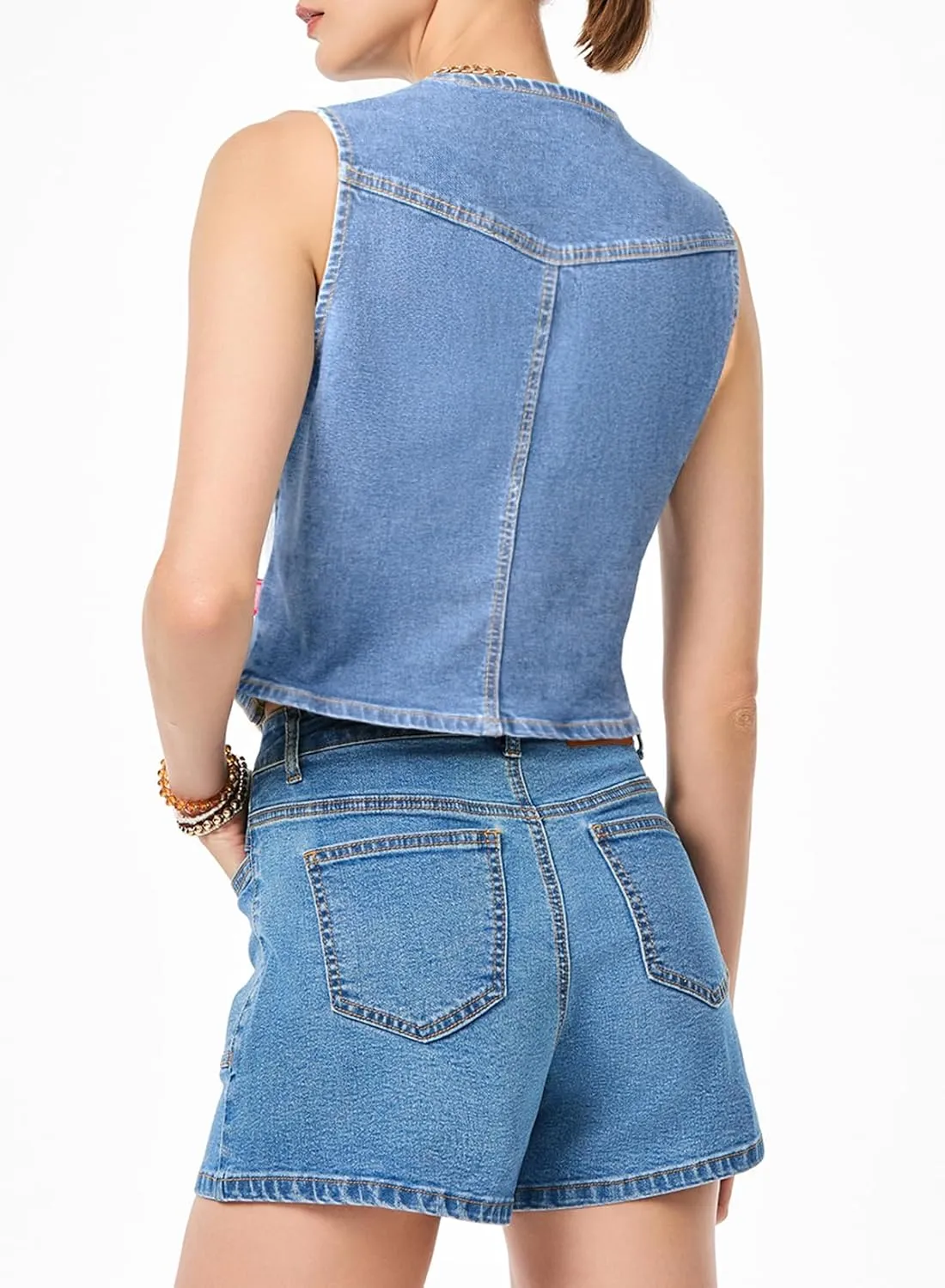 Sidefeel Women's Denim Vest Sleeveless V Neck Zimbaplatinum Jean Vest Top Button Down Crop Waistcoat Vest Summer Outfit