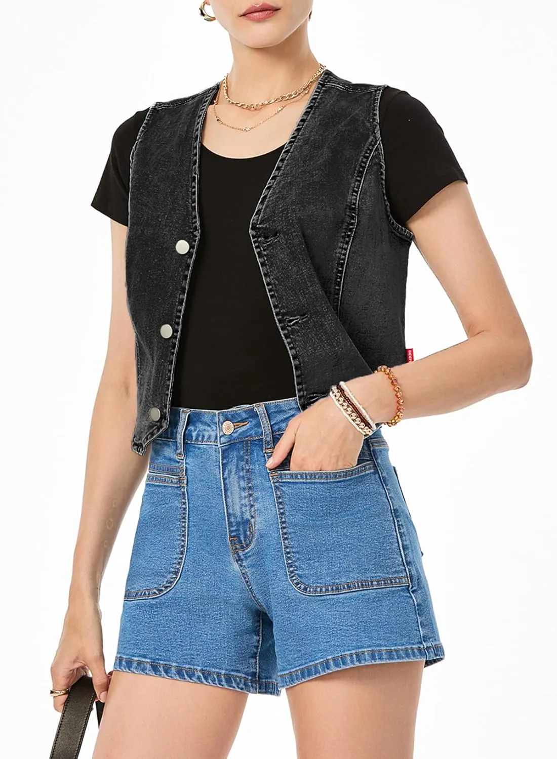 Sidefeel Women's Denim Vest Sleeveless V Neck Zimbaplatinum Jean Vest Top Button Down Crop Waistcoat Vest Summer Outfit