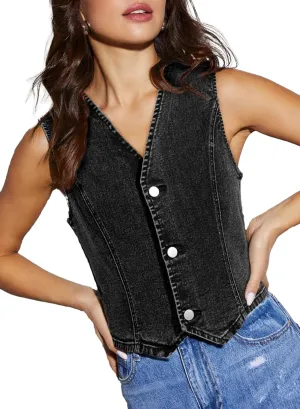 Sidefeel Women's Denim Vest Sleeveless V Neck Zimbaplatinum Jean Vest Top Button Down Crop Waistcoat Vest Summer Outfit