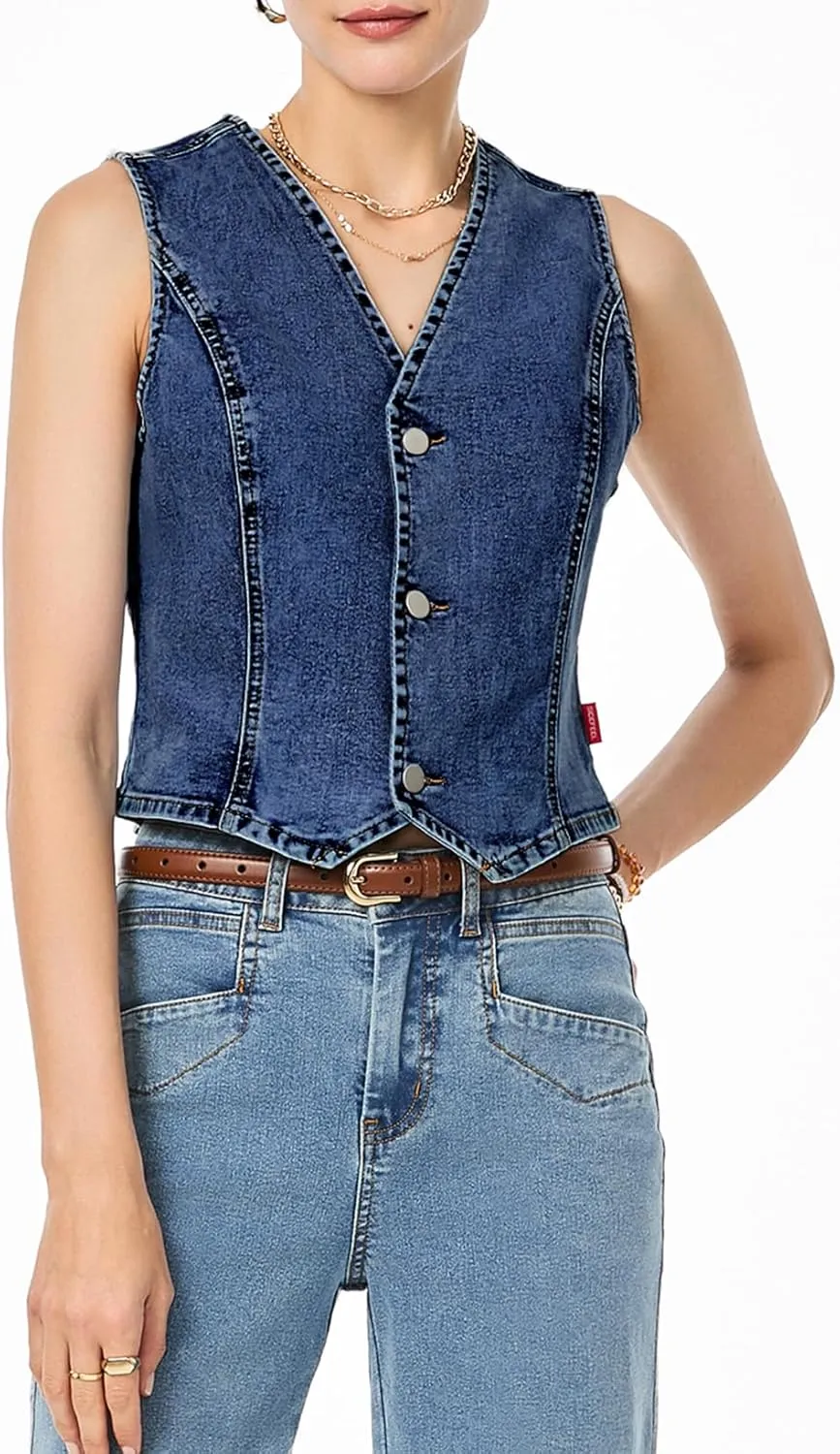 Sidefeel Women's Denim Vest Sleeveless V Neck Zimbaplatinum Jean Vest Top Button Down Crop Waistcoat Vest Summer Outfit