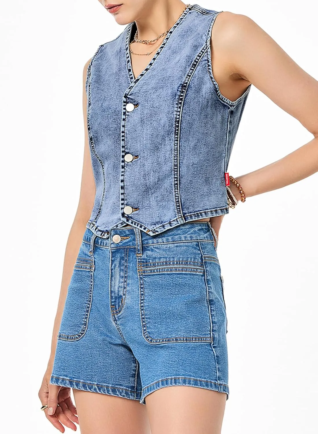 Sidefeel Women's Denim Vest Sleeveless V Neck Zimbaplatinum Jean Vest Top Button Down Crop Waistcoat Vest Summer Outfit