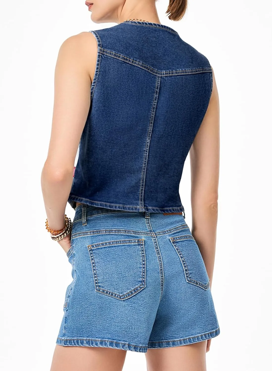 Sidefeel Women's Denim Vest Sleeveless V Neck Zimbaplatinum Jean Vest Top Button Down Crop Waistcoat Vest Summer Outfit