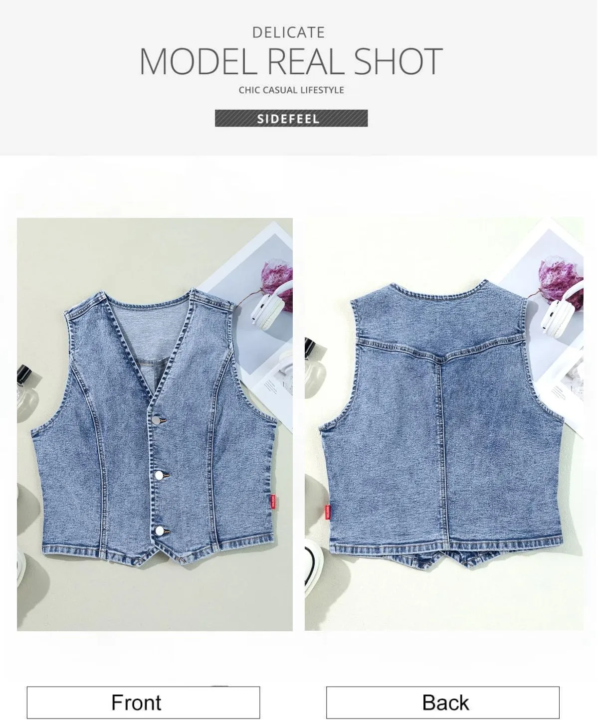 Sidefeel Women's Denim Vest Sleeveless V Neck Zimbaplatinum Jean Vest Top Button Down Crop Waistcoat Vest Summer Outfit