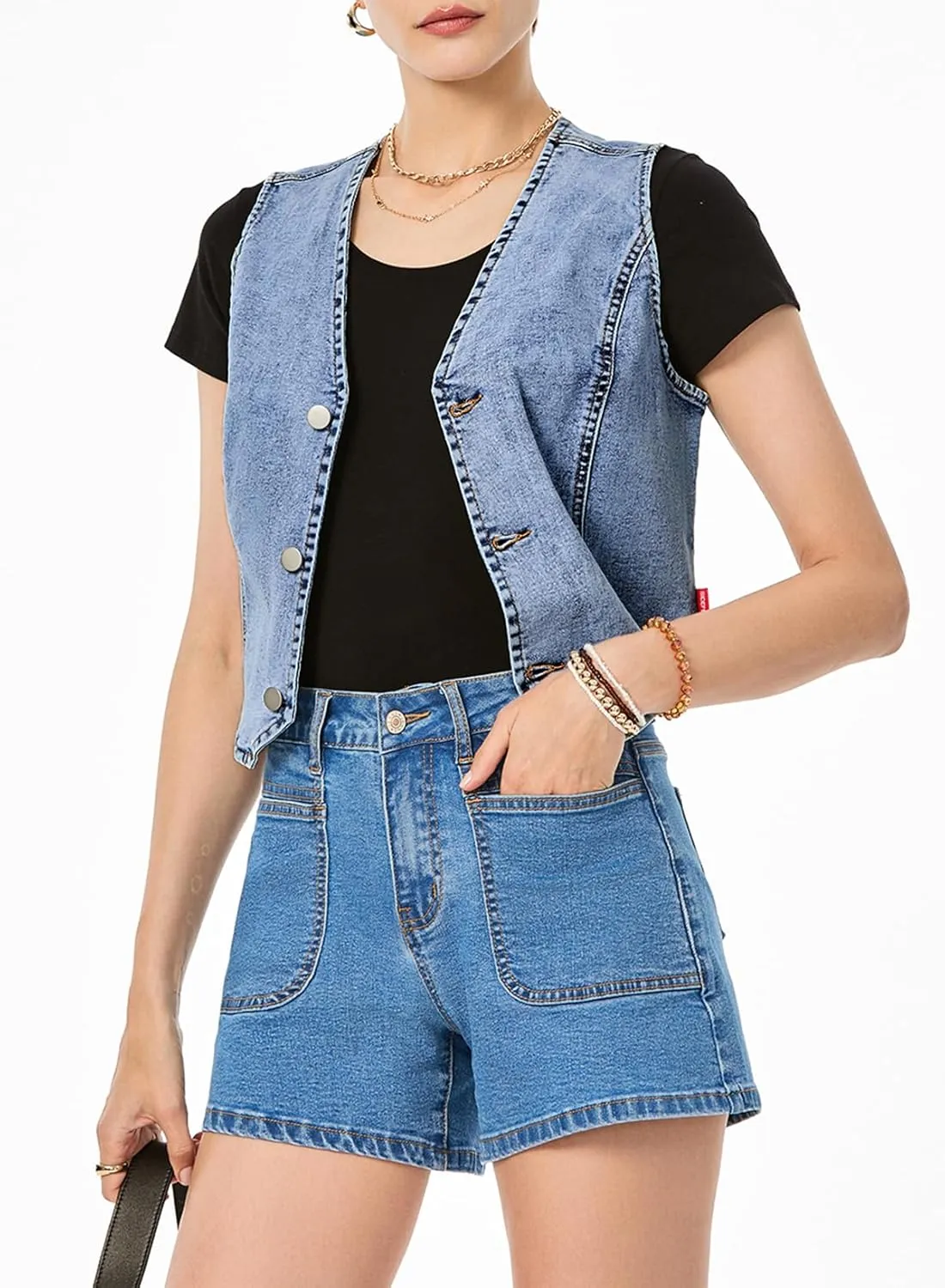 Sidefeel Women's Denim Vest Sleeveless V Neck Zimbaplatinum Jean Vest Top Button Down Crop Waistcoat Vest Summer Outfit
