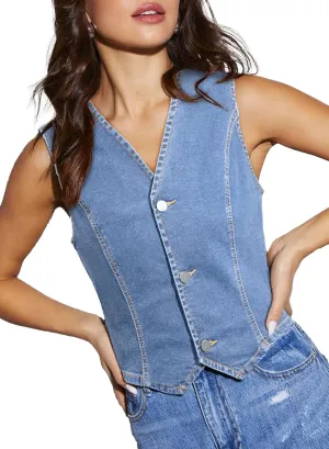 Sidefeel Women's Denim Vest Sleeveless V Neck Zimbaplatinum Jean Vest Top Button Down Crop Waistcoat Vest Summer Outfit