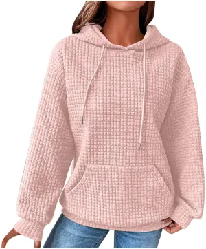 Stessotudo Womens Waffle Knit Hoodies Casual Long Sleeve Cute Football Print Sweatshirts Drawstring Trendy Pullover Tops 2023