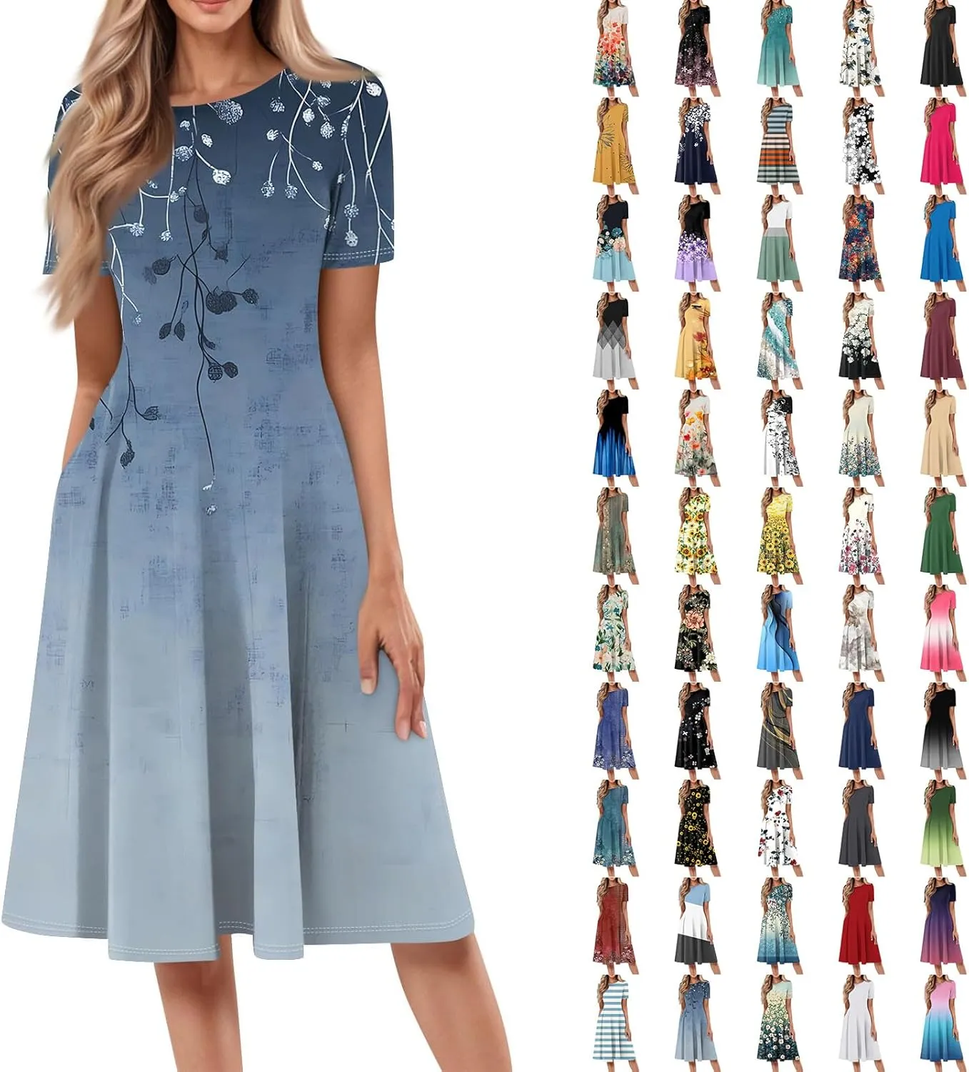 Summer Dresses for Women 2025,Trendy Elegant Floral Short Sleeve Maxi Dress,Casual Round Neck Ruffle Hem Dresses with Pockets