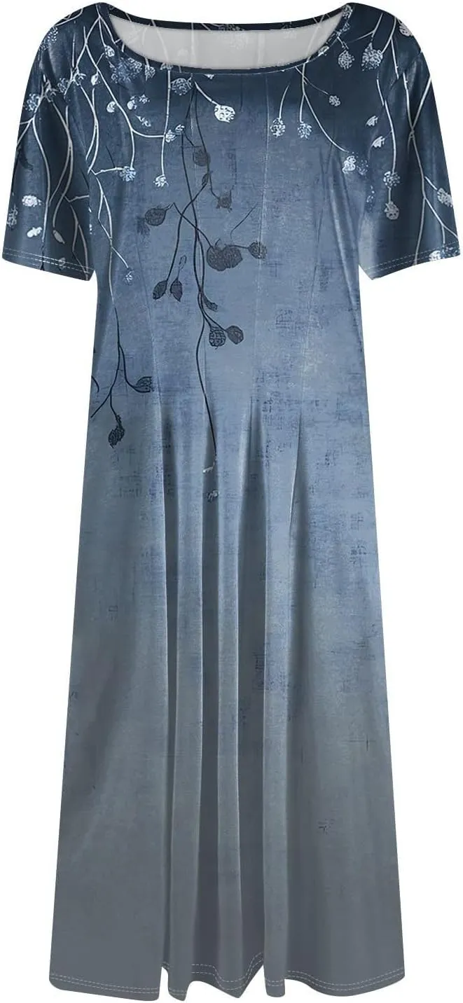 Summer Dresses for Women 2025,Trendy Elegant Floral Short Sleeve Maxi Dress,Casual Round Neck Ruffle Hem Dresses with Pockets