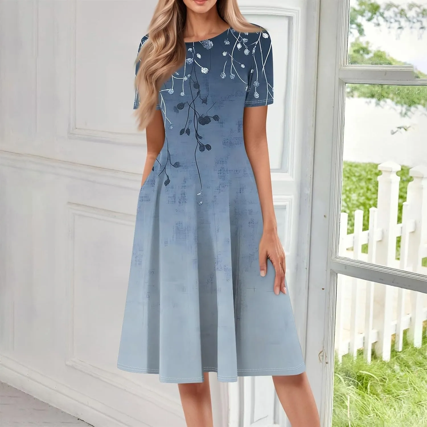 Summer Dresses for Women 2025,Trendy Elegant Floral Short Sleeve Maxi Dress,Casual Round Neck Ruffle Hem Dresses with Pockets